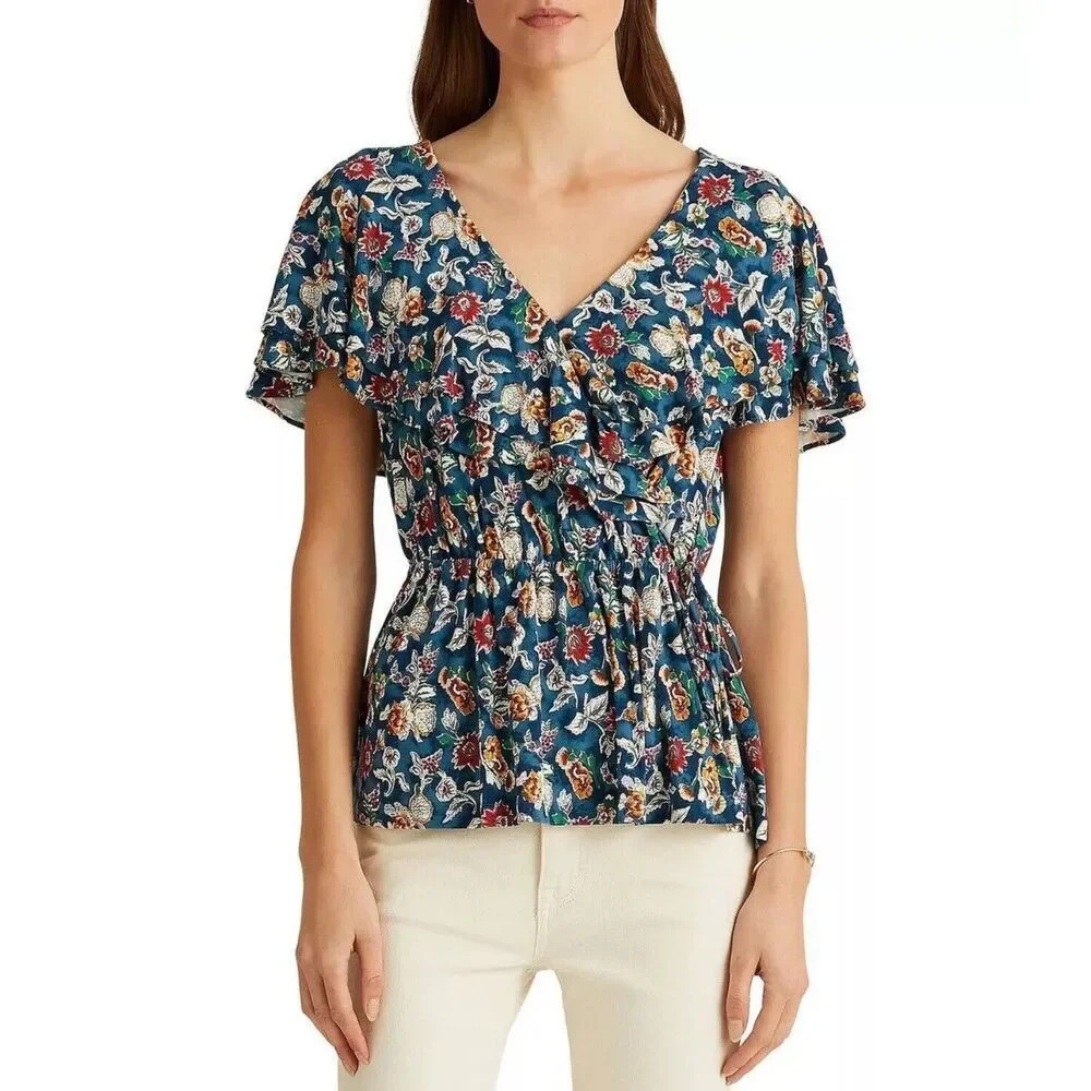 Ralph Lauren Women's Top Blue Floral Jersey Surplice Flutter Sleeve Blouse XXL